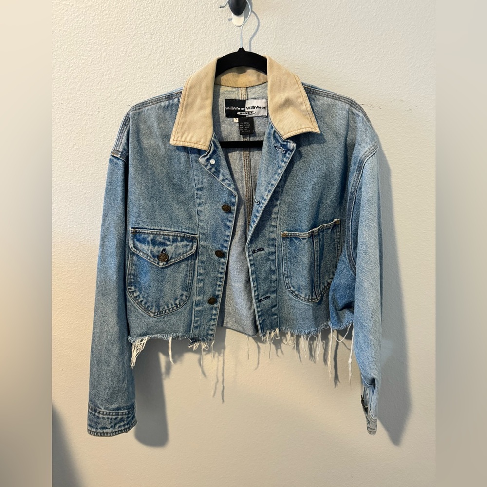 Vintage WilliWear Sport Denim Distressed Cropped Jacket with Corduroy Collar